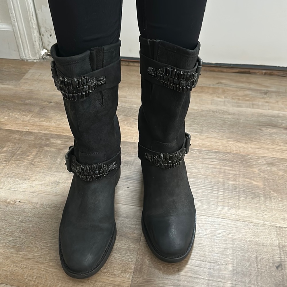 Vera Wang Lavender Black Jeweled Leather Moto Boots 8